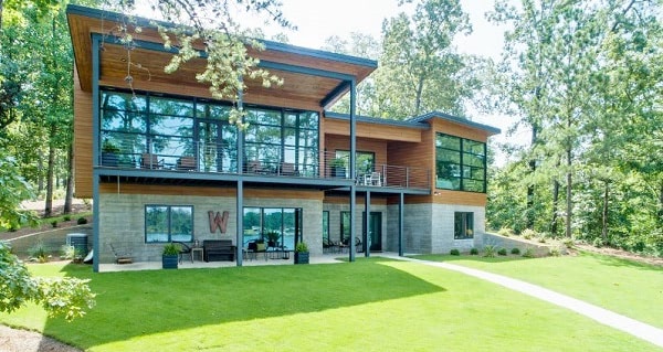 Trespa Pura Romantic Walnut cladding on lakefront home in Southeast