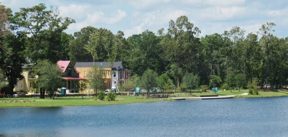 View of Ipe boardwalk and Bolden Park from across the lake