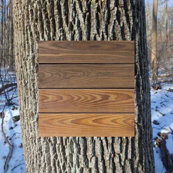 White Ash - Midwest_Southeast, Thumbnail of thermally modified finished product overlaid on bark