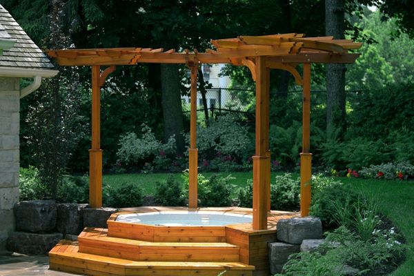 Wood deck with hot tub