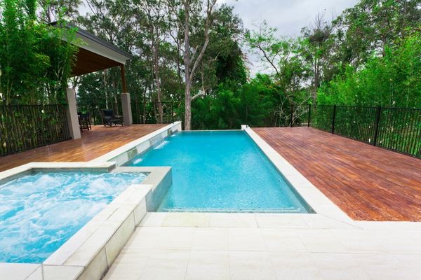 Wood deck with hot tubs