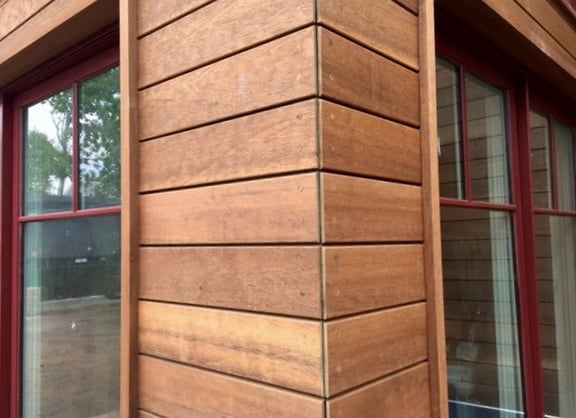 Wood rain screen outside corner with quirk miter, screws and wood plugs.jpg