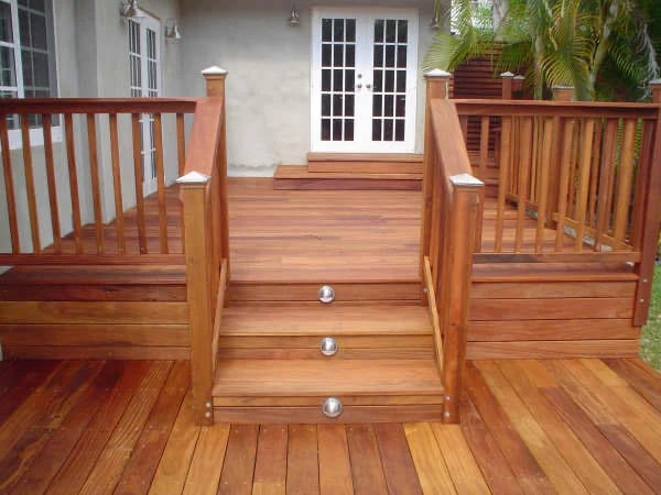 cumaru wood deck with steps, levels, and railings