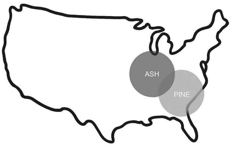 grey tone Graphic of US with species labeled circles on regions they are sourced from