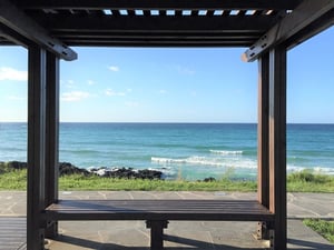 hardwood pergola and bench by the sea