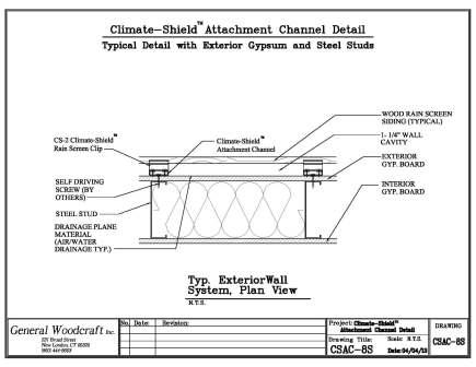 Climate-Shield Attachment Channel - Exterior insulated sheathing and wood stud wall assembly