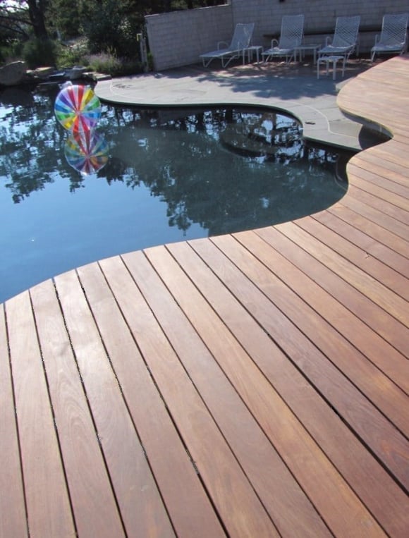 Ipe Hardwood Deck curved to follow in ground pool in Cape Cod
