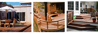 three photos of multilevel deck styles from modern to traditional to custom 