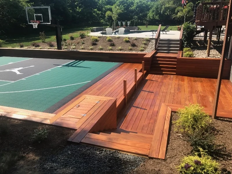 Ipe deck and stairs and retaining walls at outdoor basketball court